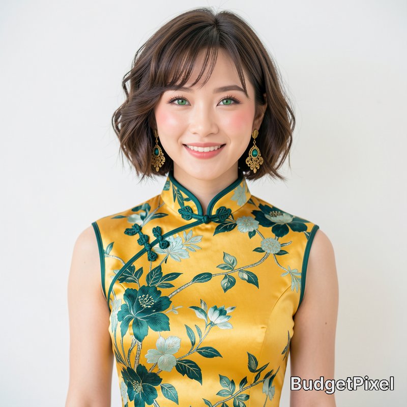 Portrait of smiling young East Asian woman in embroidered golden qipao against plain white studio...