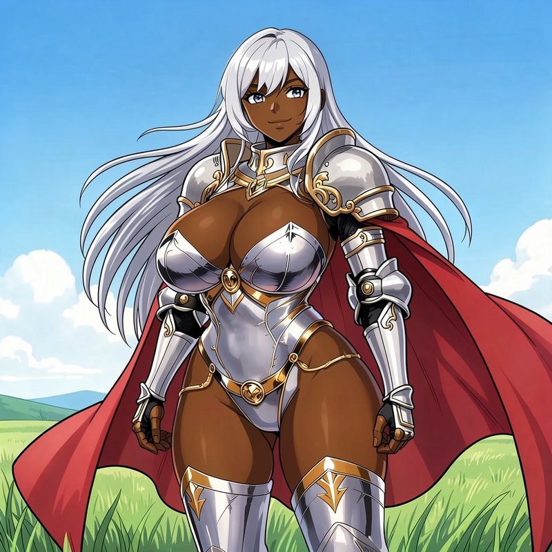 Anime dark-skinned female knight with long silver hair, ornate silver armor, and red cape standin...