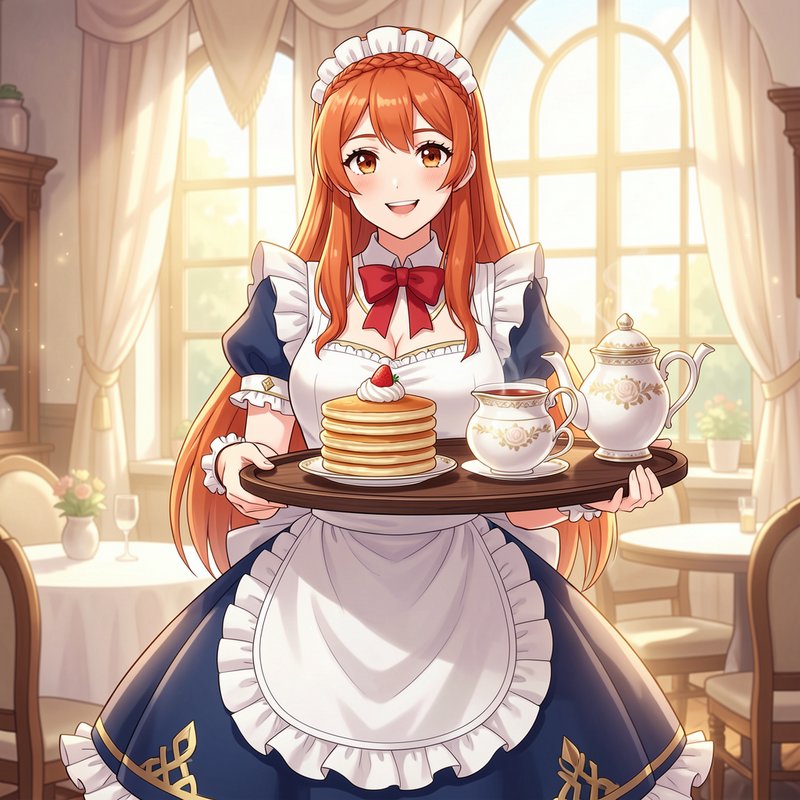 Smiling red-haired anime maid holding a tray of pancakes and tea in a sunlit cozy cafe