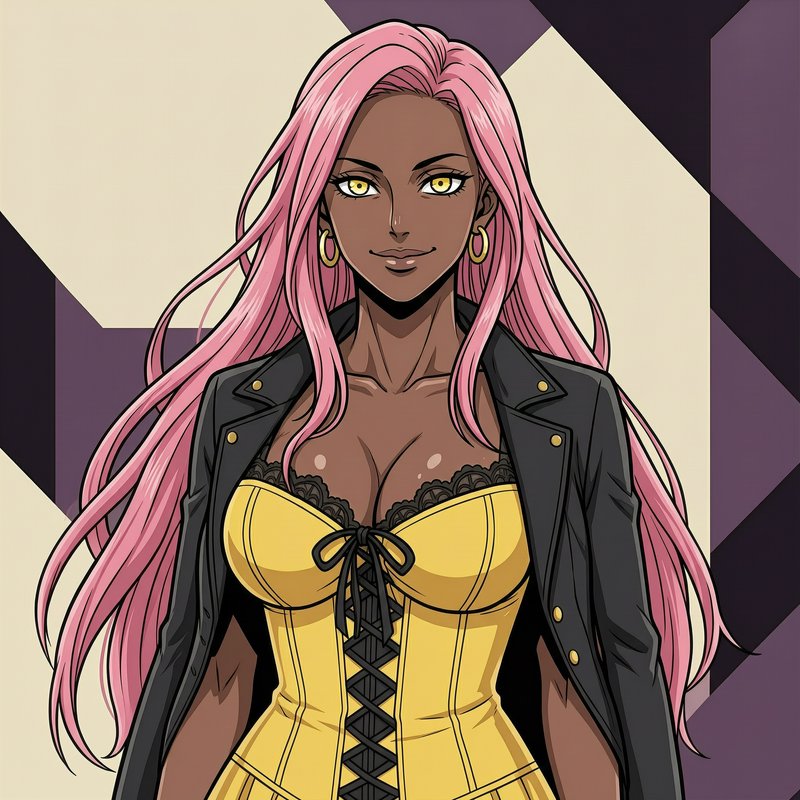 Anime portrait of confident dark-skinned woman with long pink hair, golden eyes, a yellow corset,...