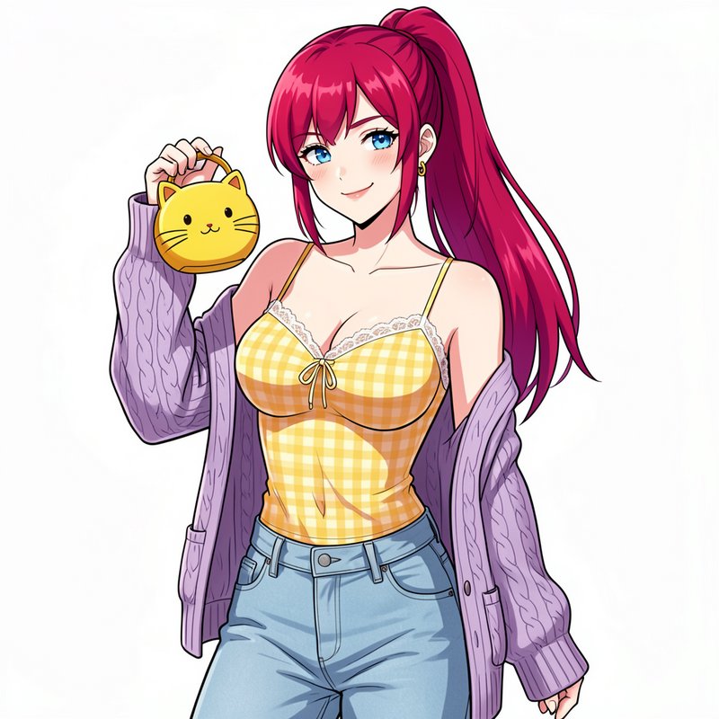 Anime girl with bright magenta ponytail holds a cute cat-shaped handbag, wearing casual everyday ...
