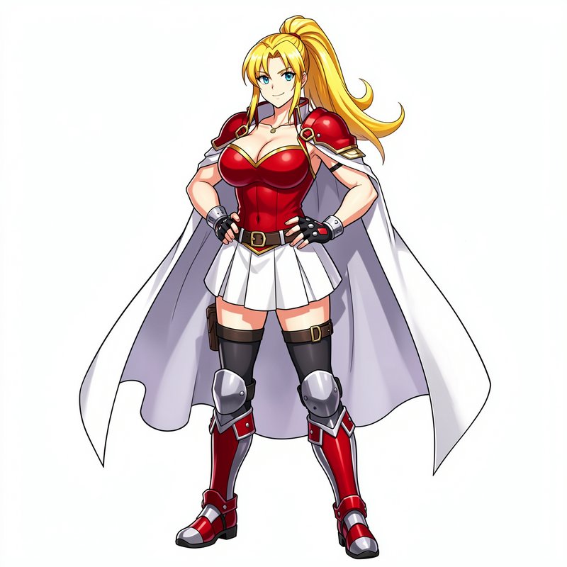 Anime female warrior with blonde ponytail, red armor, and white cape stands with hands on hips, i...