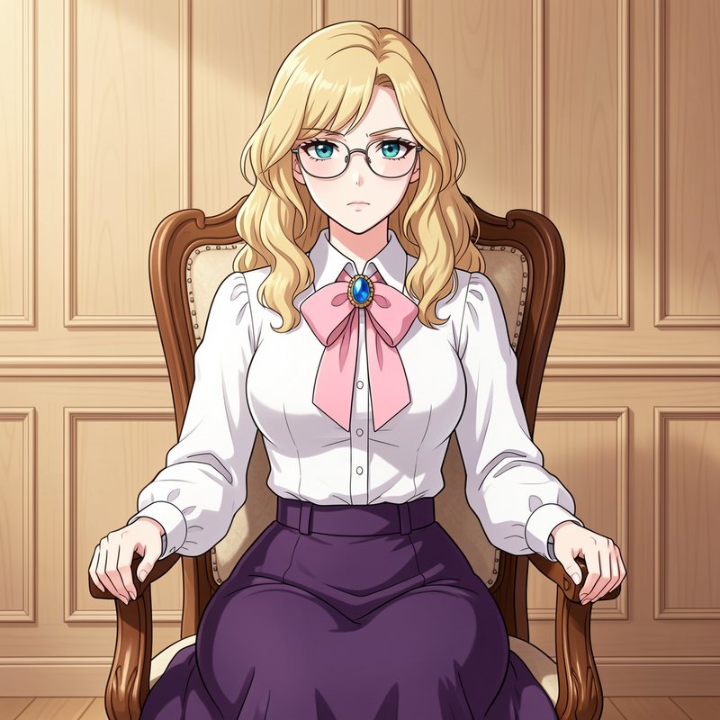 Anime illustration of a serious blonde woman with round glasses seated in an ornate wooden armchair
