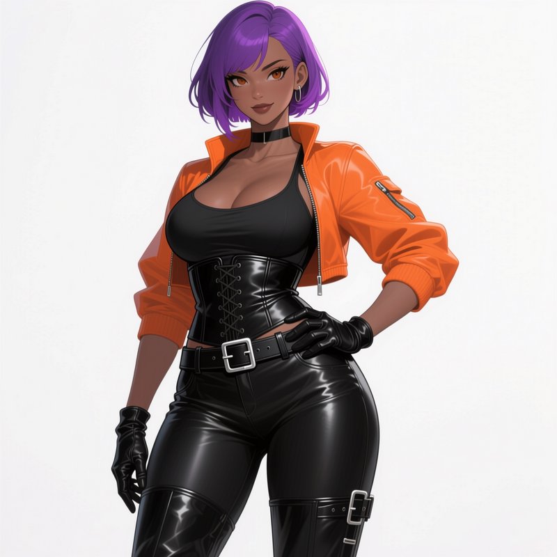 Confident dark-skinned anime woman with short purple hair, edgy black leather outfit, and cropped...