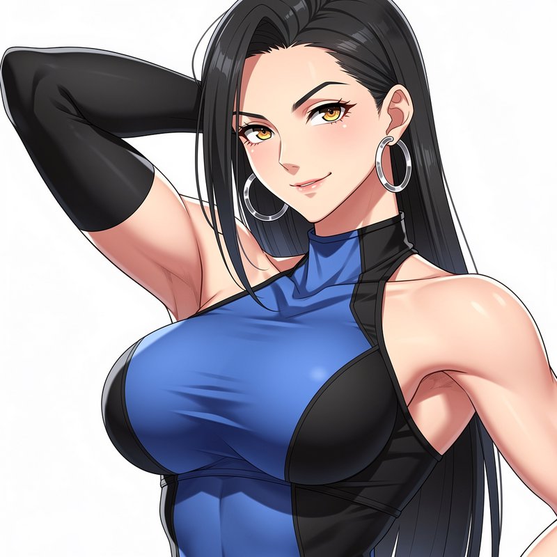 Anime style portrait of a confident athletic woman with long black hair, golden eyes, posing with...