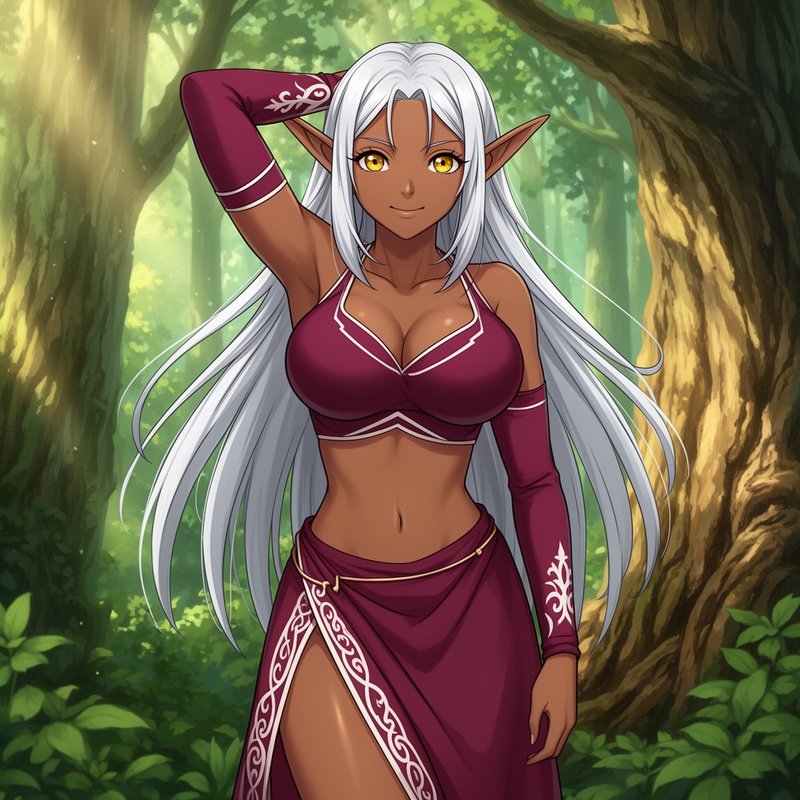 Anime dark elf woman with long white hair poses in a sunlit enchanted forest, smiling at the viewer