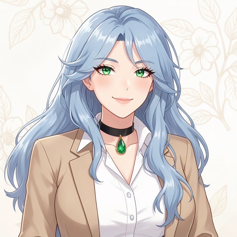 Anime portrait of a smiling woman with long wavy pale blue hair, bright green eyes, and business ...