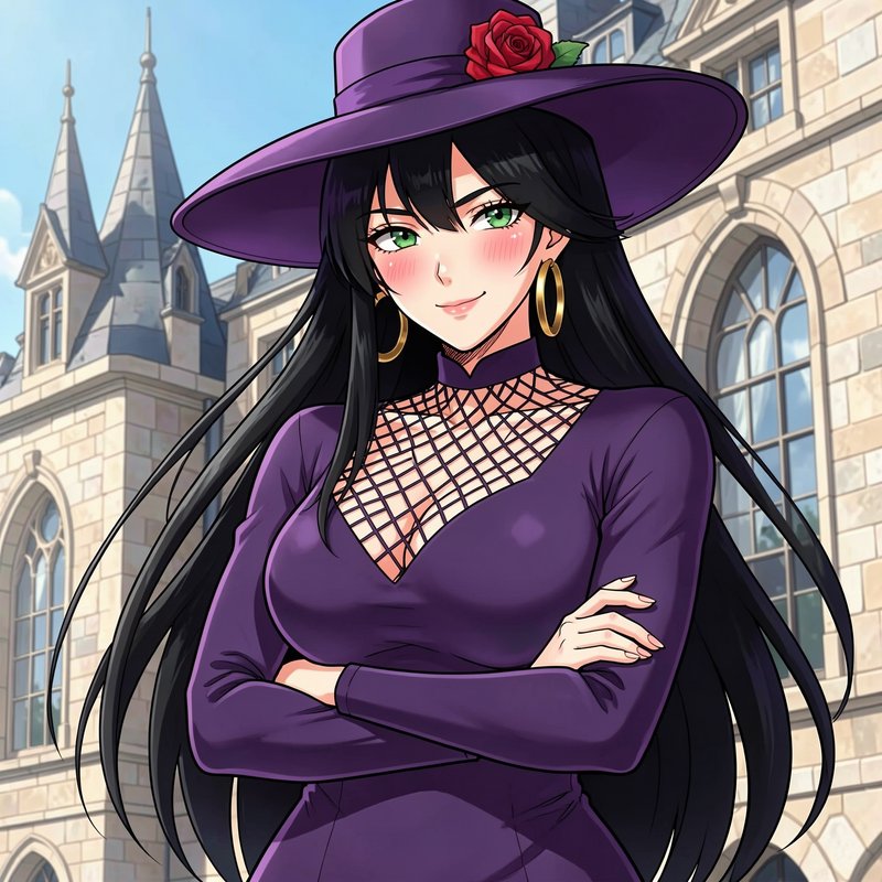 Anime woman with long black hair and purple hat, smiling with crossed arms outside a stone gothic...