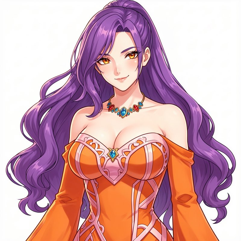 Anime portrait of elegant fantasy woman with long wavy purple hair, amber eyes, ornate orange gow...
