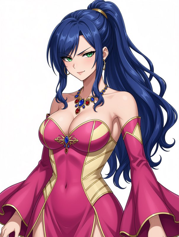 Confident anime noblewoman with long dark blue high ponytail, green eyes, ornate magenta gown, an...