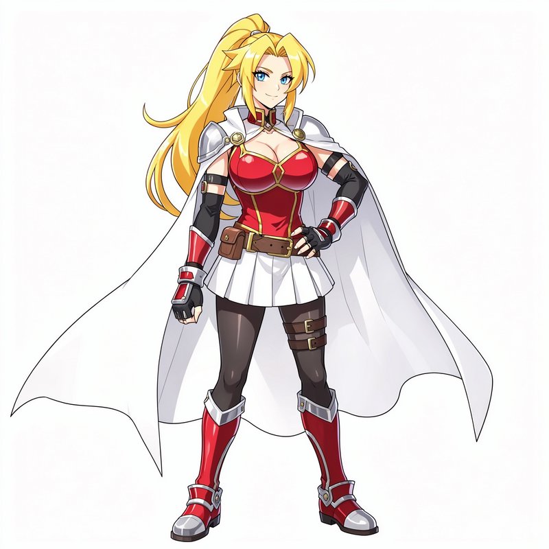 [Anime female fantasy warrior with long blonde ponytail, red armor, and white cape, standing confidently against a plain w...