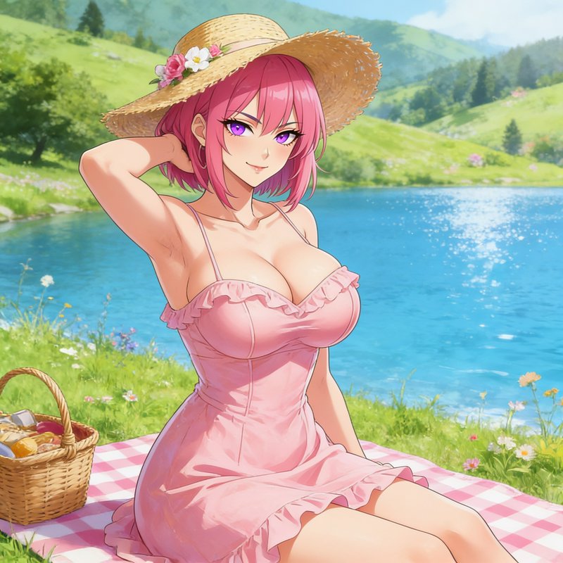 [Anime girl with pink hair, flowered straw hat, and pink sundress sits on a picnic blanket by a bright lakeside]