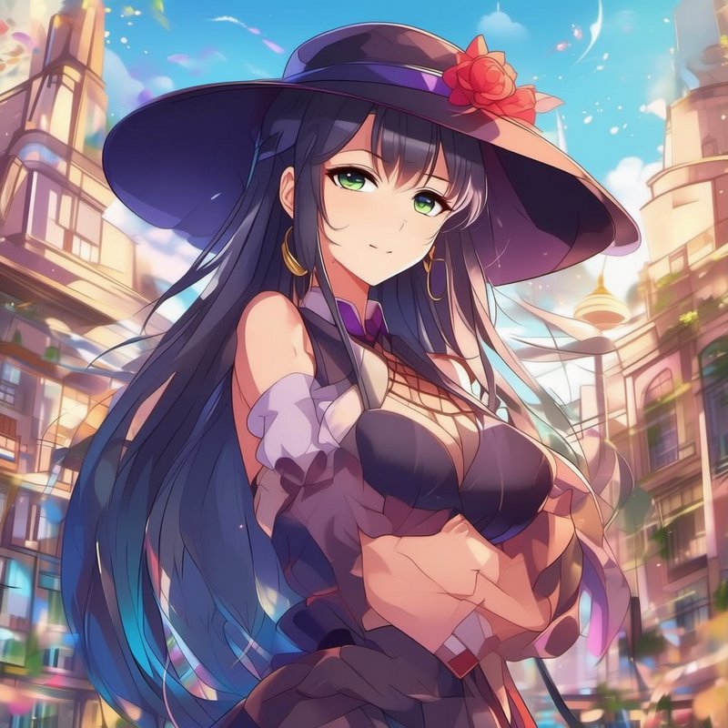[Anime young woman with long dark hair, wide rose-adorned sun hat, standing in a bright fantasy city street]