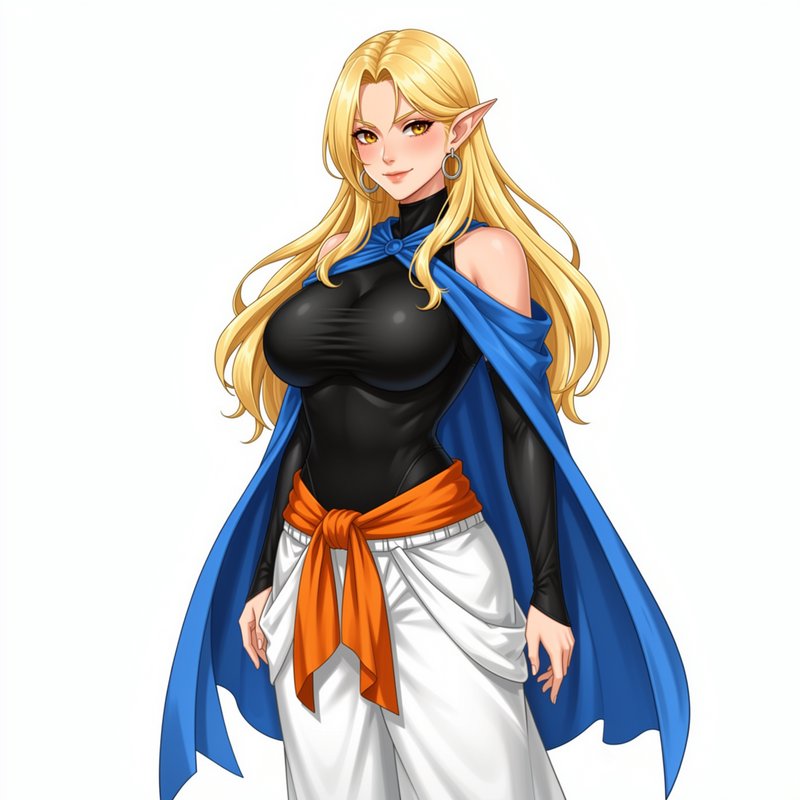 [Anime style female elf character with long blonde hair, golden eyes, and fantasy adventurer outfit on a plain white backg...