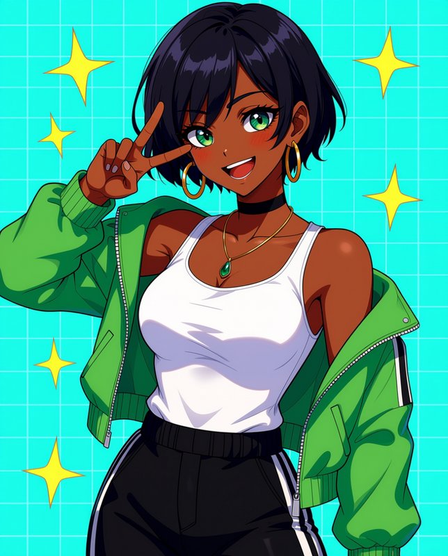 Cheerful dark-skinned anime girl with short black hair holds a peace sign, bright turquoise grid ...