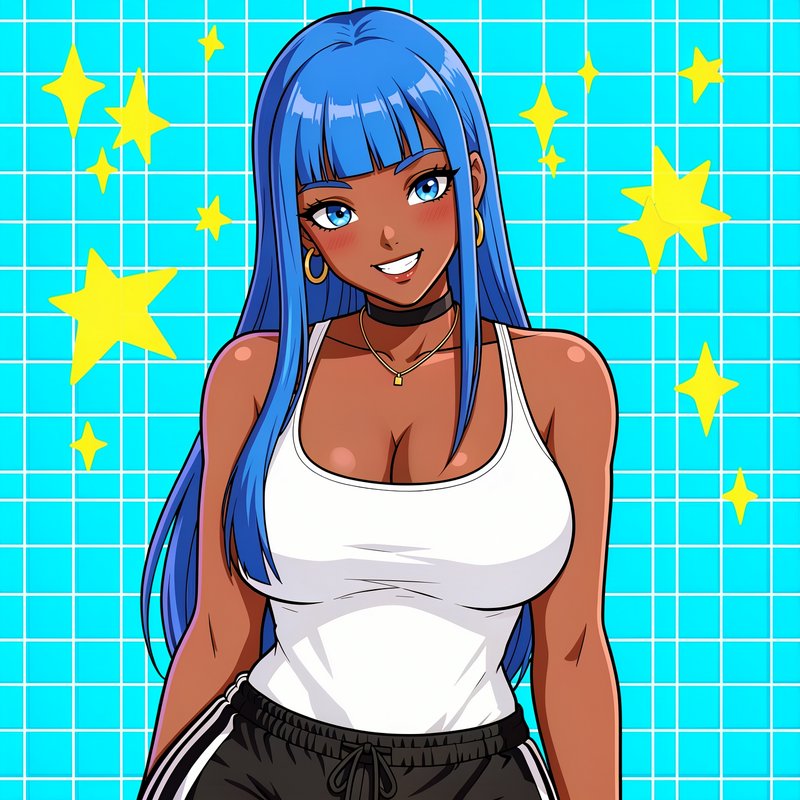 [Smiling dark-skinned anime woman with long bright blue hair in casual wear, set against a turquoise grid background with ...
