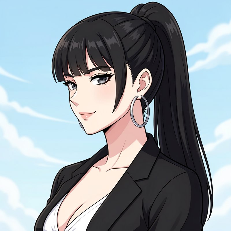 Anime style portrait of a confident woman with a long black ponytail, blazer, and hoop earrings a...