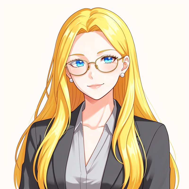 Anime bust portrait of a poised professional woman with long blonde hair, gold rimmed glasses, an...