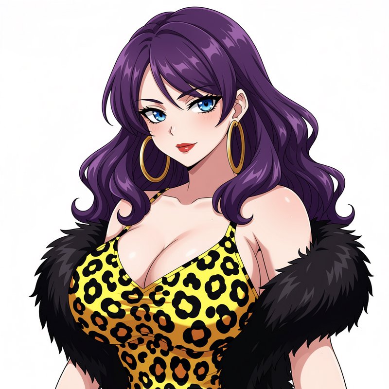 Bust portrait of glamorous anime woman with wavy purple hair, blue eyes, leopard print top and bl...