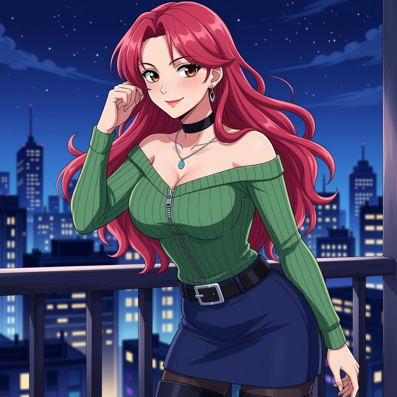 Anime woman with long wavy red hair standing on a high-rise balcony overlooking a starry night ci...