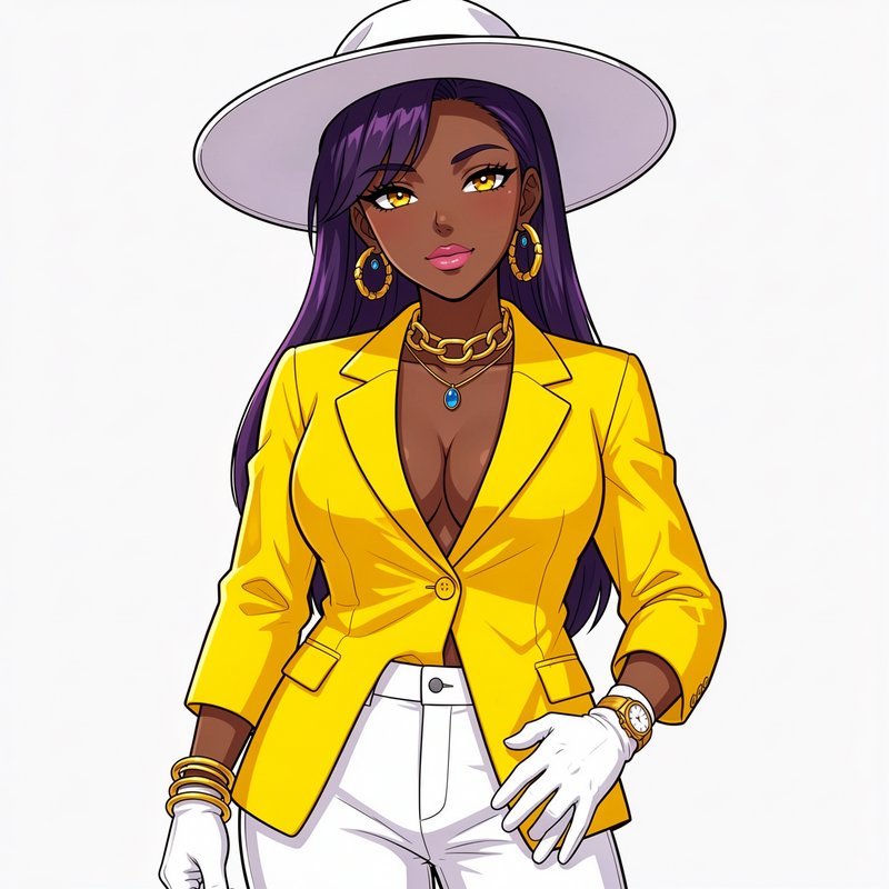 Anime illustration of elegant dark-skinned woman with purple hair, yellow blazer, white wide hat ...