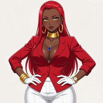 Anime portrait of confident dark-skinned woman with long red hair, red blazer, gold jewelry, hand...