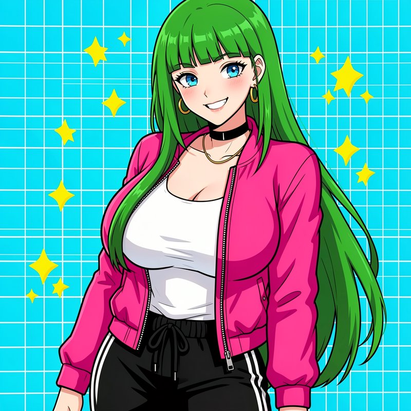 Smiling anime girl with long bright green hair, pink bomber jacket, posed against a cyan grid bac...