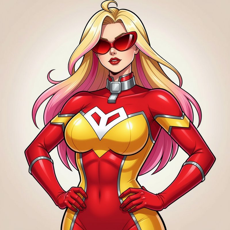 Comic style female superhero with gradient blonde-pink hair, red sunglasses, and red-yellow suit ...