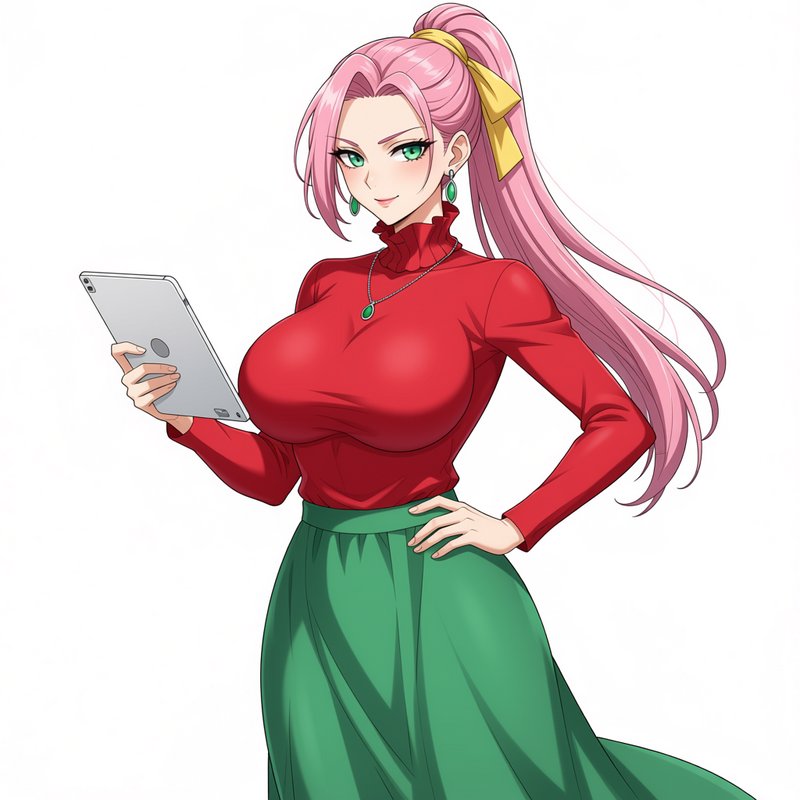 Confident anime woman with pink ponytail holds a silver tablet, wearing red turtleneck and green maxi skirt on plain