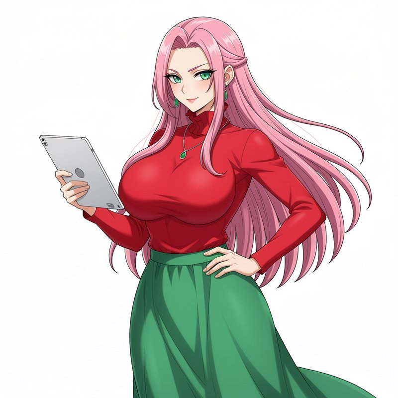 Anime woman with long pink hair in a red turtleneck and green skirt holds a silver tablet against a plain white background.