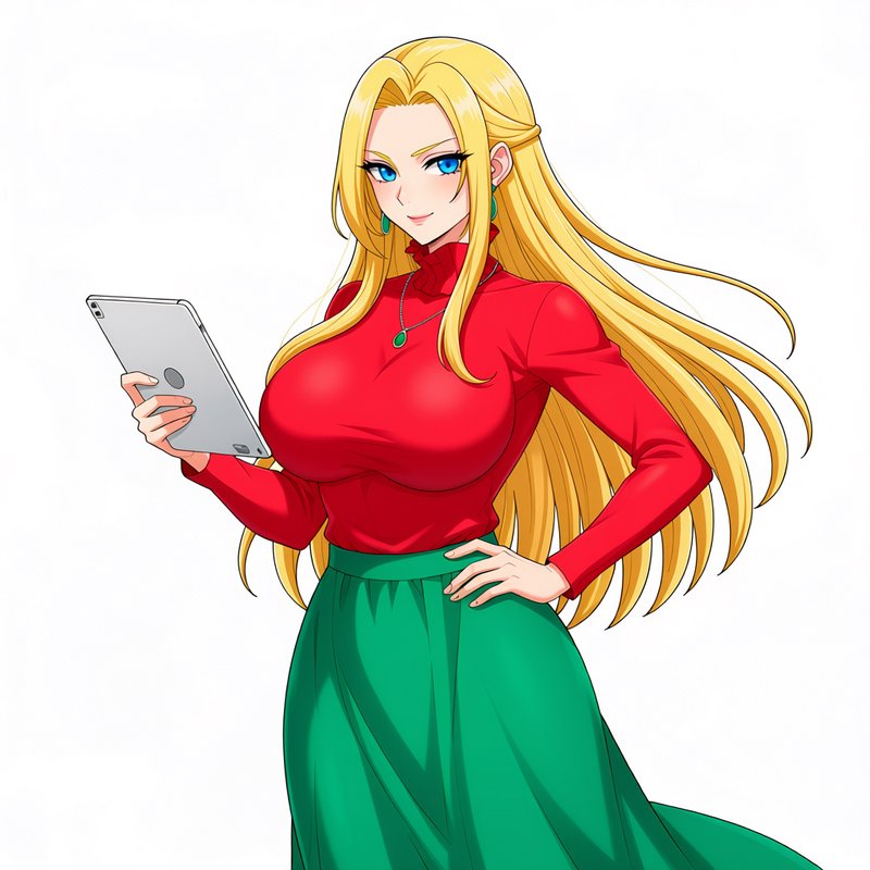 Blonde anime woman in a red top holds a silver tablet against a plain white background