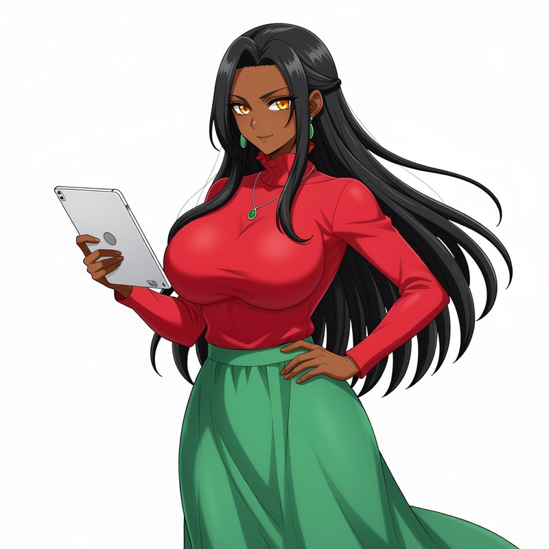 Confident dark-skinned anime woman holding a silver tablet against a plain white background