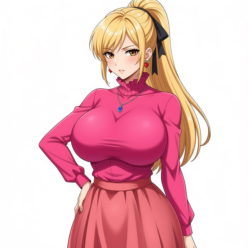 Blonde anime woman with high ponytail poses with hand on hip against plain white background