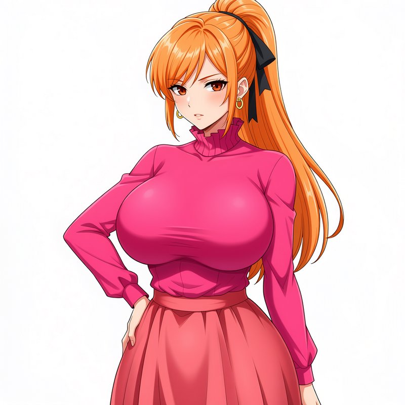 Anime woman with long orange ponytail in a pink turtleneck stands with hand on hip against a plain white background