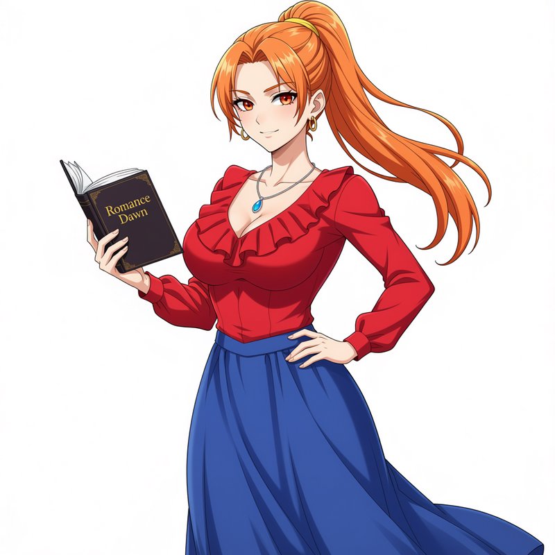 Confident anime woman with bright orange high ponytail holds a book titled Romance Dawn against a plain white background