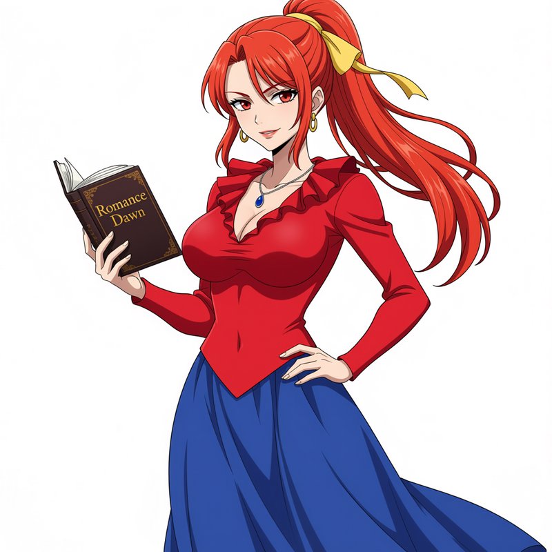 Confident red-haired anime woman holding a Romance Dawn book, posed against a plain white background