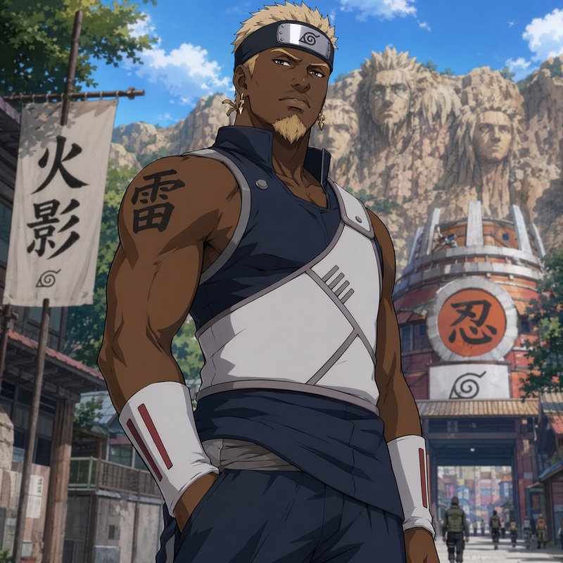 Muscular dark-skinned Naruto shinobi fan art, standing before the Hidden Leaf Village Hokage monu...