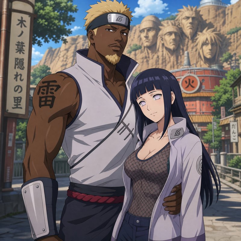 Reimagined Naruto series fan art of a dark-skinned Naruto embracing Hinata Hyuga in the Hidden Le...