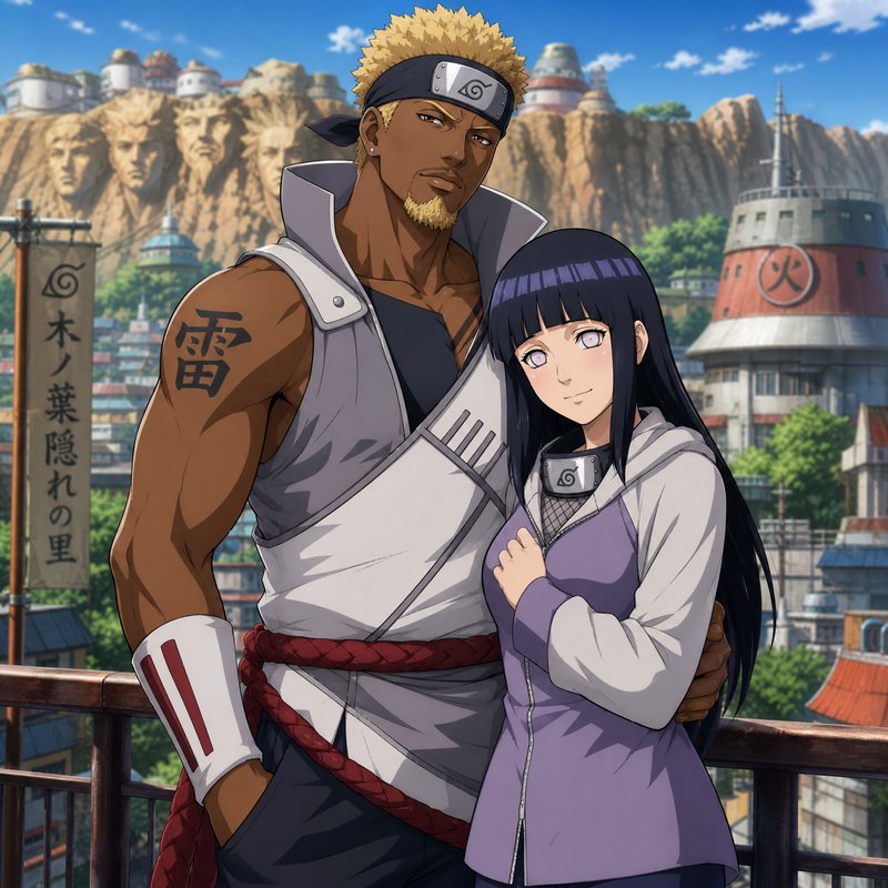 Anime fan art of alternate dark-skinned Naruto and Hinata embracing on a balcony overlooking the ...