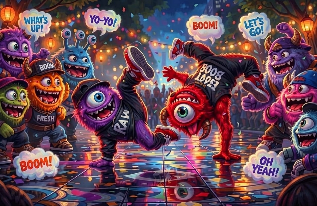 Colorful monsters breakdancing on a neon-lit street amid a cheering crowd.