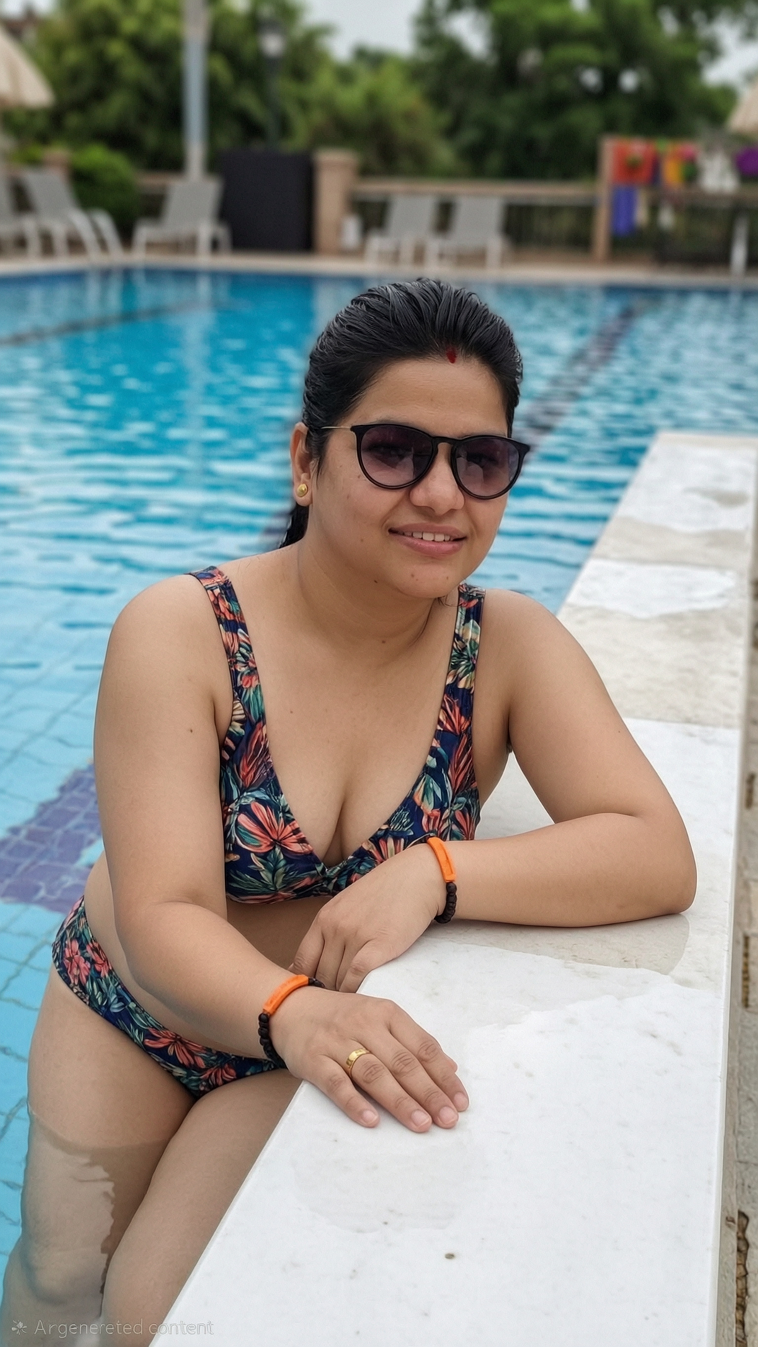 Smiling woman in a floral bikini leans on the edge of a bright blue resort swimming pool