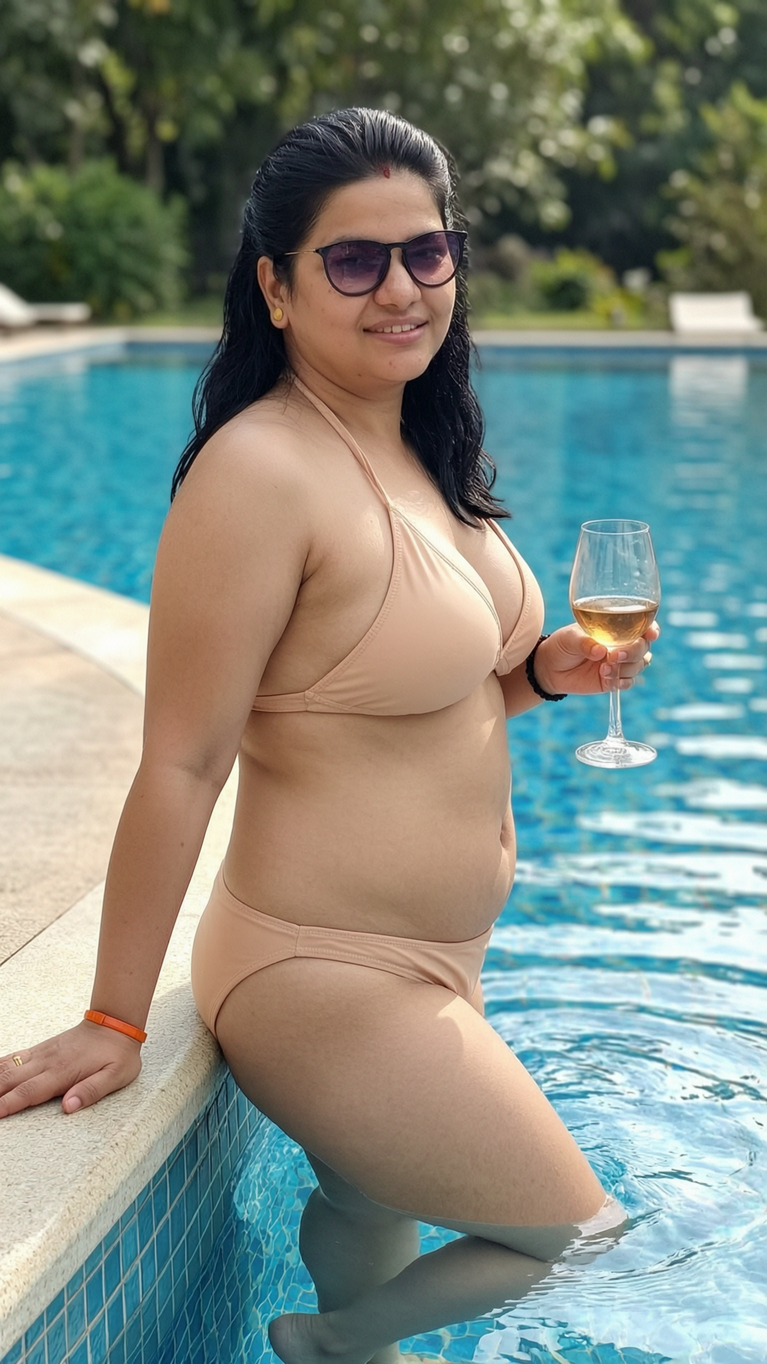 Woman in a beige bikini holds a glass of white wine while relaxing at the edge of a bright blue swimming pool