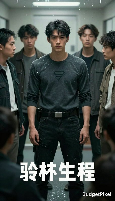 Front-facing man in a dark shirt with a Superman-style emblem stands center in a hallway, flanked...