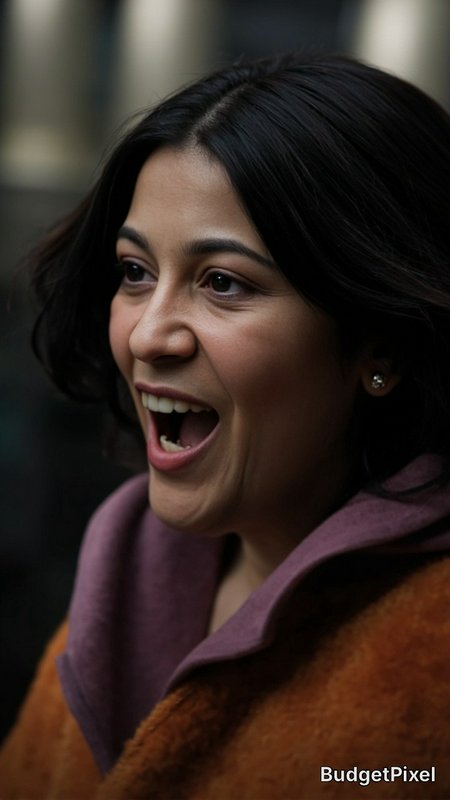 Close-up of a woman with dark hair smiling with her mouth open, wearing a purple hoodie and brown coat.