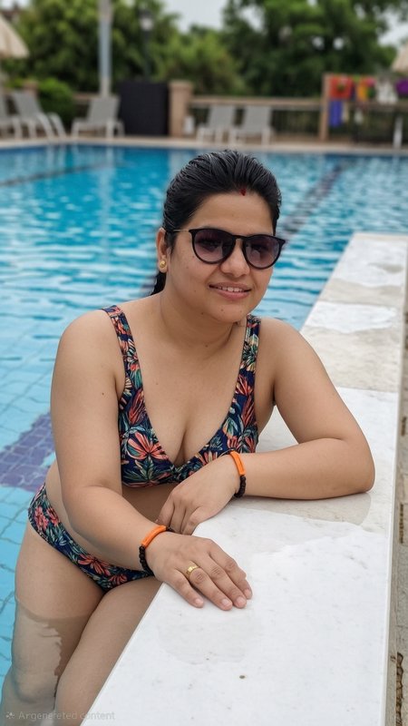 Smiling woman in a floral bikini leans on the edge of a bright blue resort swimming pool