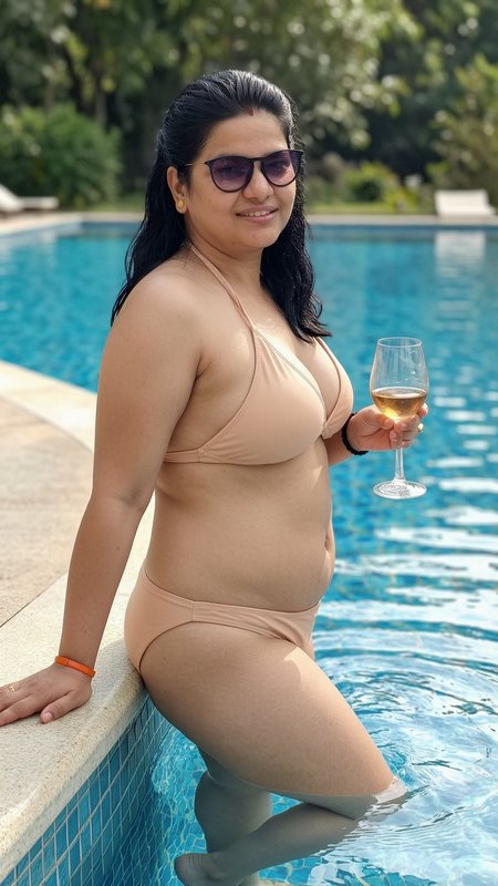 Woman in a beige bikini holds a glass of white wine while relaxing at the edge of a bright blue s...