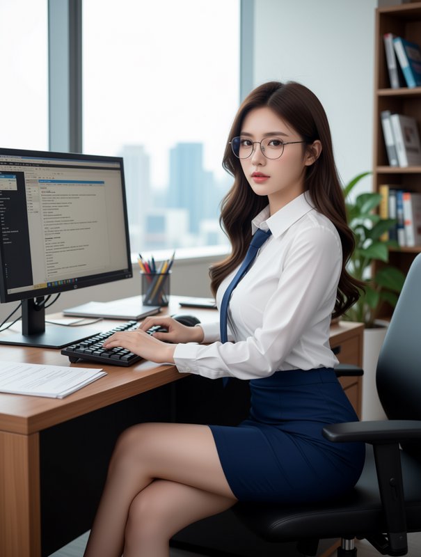 Young bespectacled businesswoman typing at a desk in a sunlit high-rise office with city skyline ...