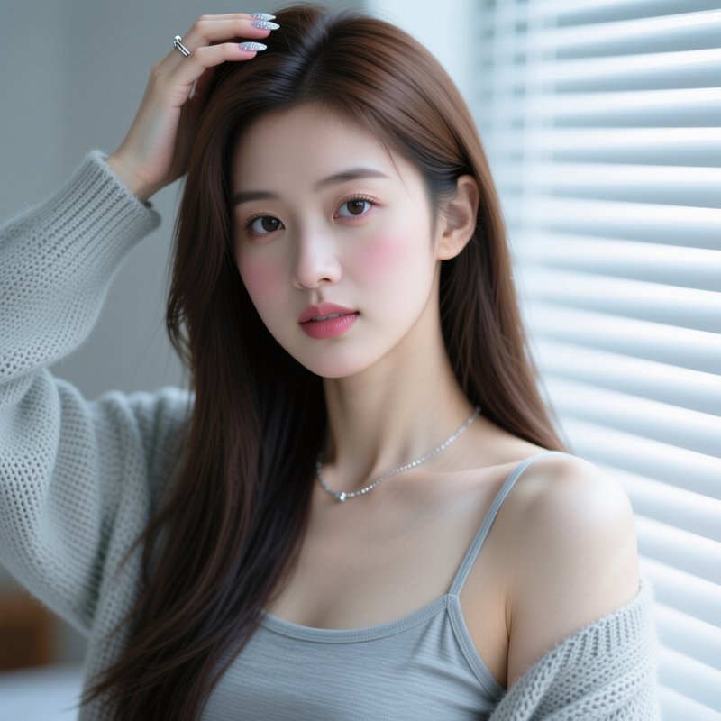 Soft natural light portrait of young East Asian woman posing in cozy knitwear next to sunlit wind...