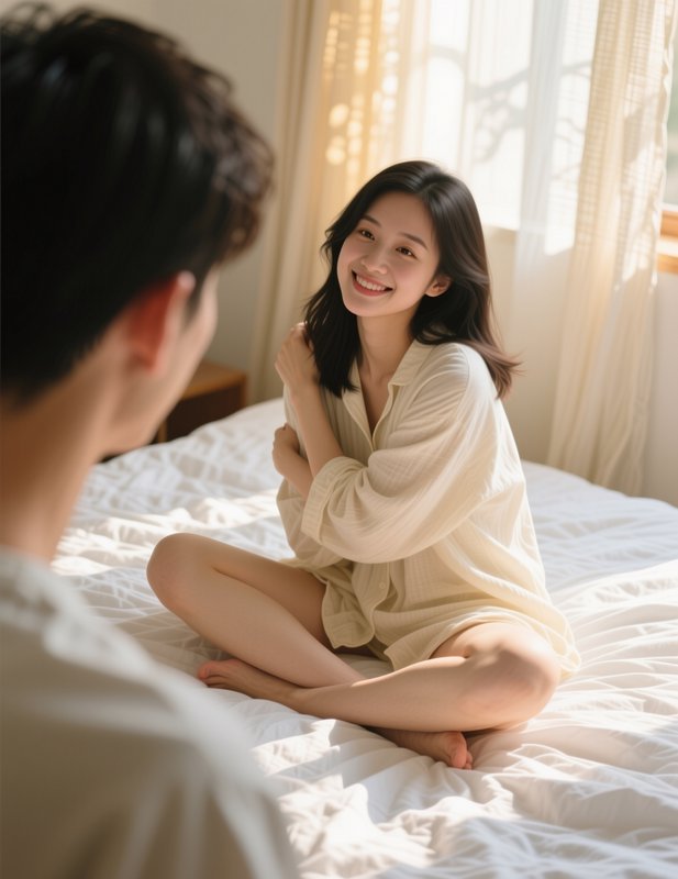 Smiling young woman in cream pajamas sits cross-legged on a sunlit bed, looking warmly at her out...