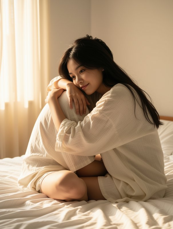 Young East Asian woman in cream loungewear sits on a sunlit bed, bathed in warm golden morning li...